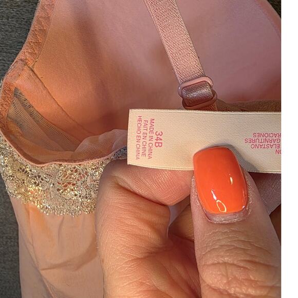 Women Victoria's Secret Size 34B Nightie Pink Peach Lace Rhinestones Push up - Picture 7 of 7